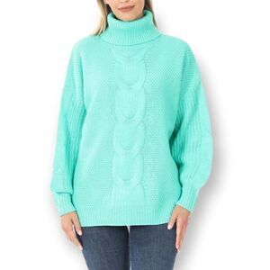 ZENANA MINT TURTLENECK CABLEKNIT BALLOON SLEEVE SWEATER NWT